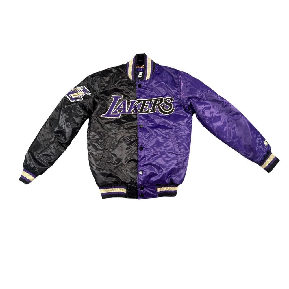 Starter Black Label LA Lakers Satin Jacket Mens‎ Small Purple and Black Big Logo